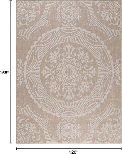 Medallion Outdoor Rug 10x14 Washable Outside Carpet for Indoor Patio Porch Waterproof Easy Cleaning Non Shedding Area Rugs Beige 10 x 14