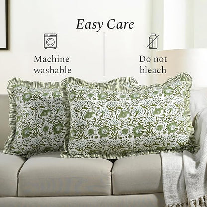 CPC Agate Green 100% Cotton Block Print Ruffle Sham Cover 20X30 inch Pack of 2, Handmade Boho Floral Pillowcase, Soft Decorative Queen Bed Pillow Cover for Bedroom Décor