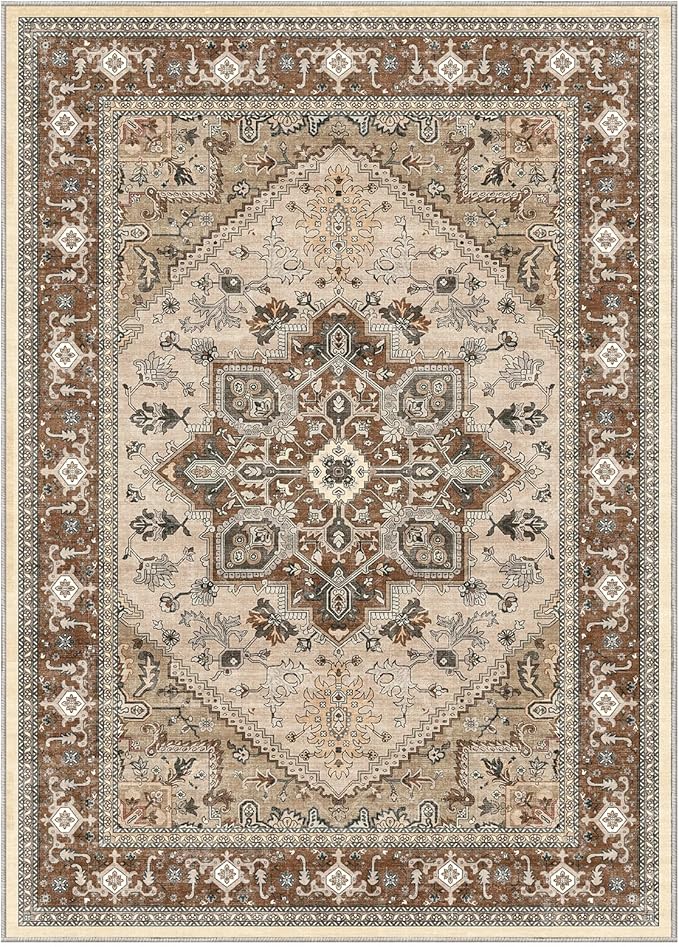 OPPODREAM Thin Area Rugs 9x12 Living Room, Washable Rugs 9x12 with Non Slip Backing, Faux Cashmere Low-Pile 9 x 12 Carpet, Brown
