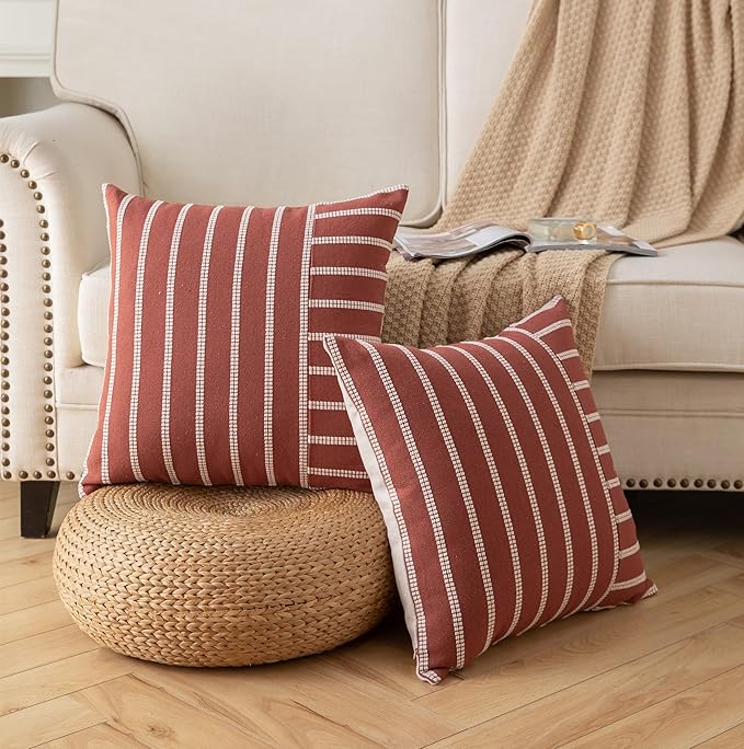 Caflife Boho Throw Pillow Covers 20x20 Set of 2 Soft Farmhouse Decorative Couch Pillow Cases Rust Striped Pillow Covers Neutral Cushion Covers for Sofa Bed Living Room Home Decor