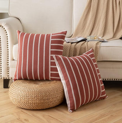 Caflife Boho Throw Pillow Covers 20x20 Set of 2 Soft Farmhouse Decorative Couch Pillow Cases Rust Striped Pillow Covers Neutral Cushion Covers for Sofa Bed Living Room Home Decor