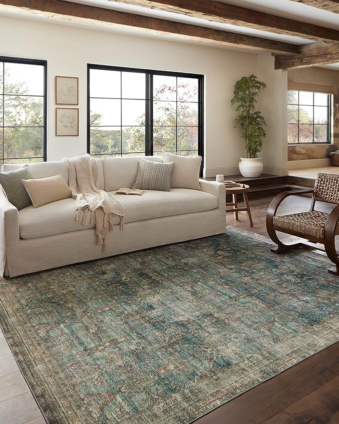 Loloi Magnolia Home by Joanna Gaines Banks Collection BAN-01 Ocean/Spice 2'-6" x 7'-6", .13" Pile Height, Machine Washable, Runner Rug