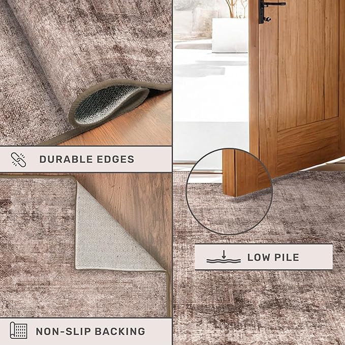 Rustic Brown Abstract 5x7 Rug for Bedroom - Office Rug for Home Office, Living Room, Taupe with red Accent, Washable, Non Slip & Soft, Medallion Indoor Décor