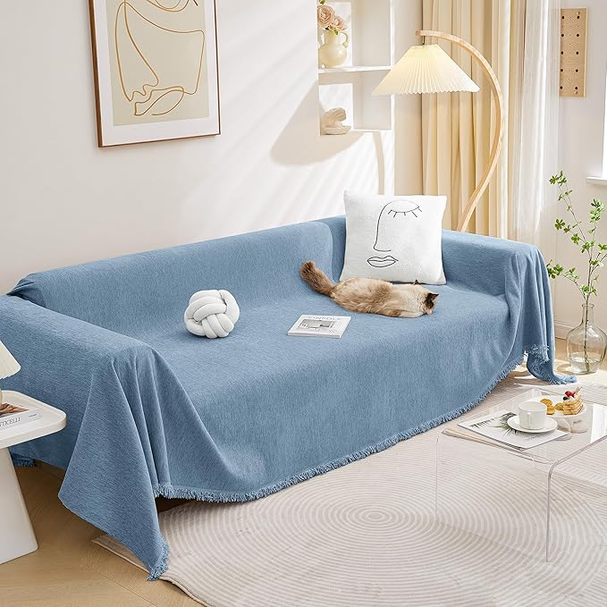 MEETSKY Sofa Slipcover Sofa Covers for 3 Cushion Couch Cover for L Shaped Sectional Sofa Covers Couch Protector Thick Chenille Fabric Washable, Modern Sofa Towel for Living Room, 91" x 134", Blue