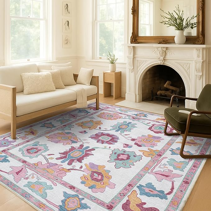 Fame Living Pink Oushak Rug, Modern, Vintage, Turkish, Eclectic, Floral, Pastel, Washable, Oversized, Extra Large Area Rugs for Living Room, Dining, Bedroom, Lounge 9'5"x14'