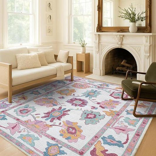 Fame Living Pink Oushak Rug, Modern, Vintage, Turkish, Eclectic, Floral, Pastel, Washable, Oversized, Extra Large Area Rugs for Living Room, Dining, Bedroom, Lounge 9'5"x14'