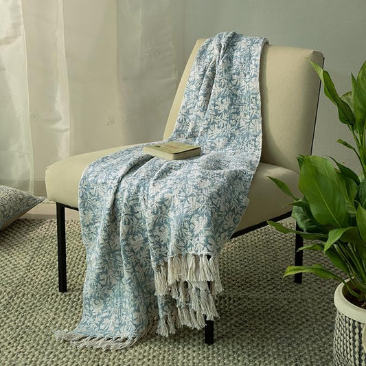 100% Pure Cotton Handblock Printed Throw Blanket, Soft 50" x 60" Fringed Floral Print Throw for Couch, Sofa, Chair, Bed - Cozy, Machine Washable, Comfortable Home Decor