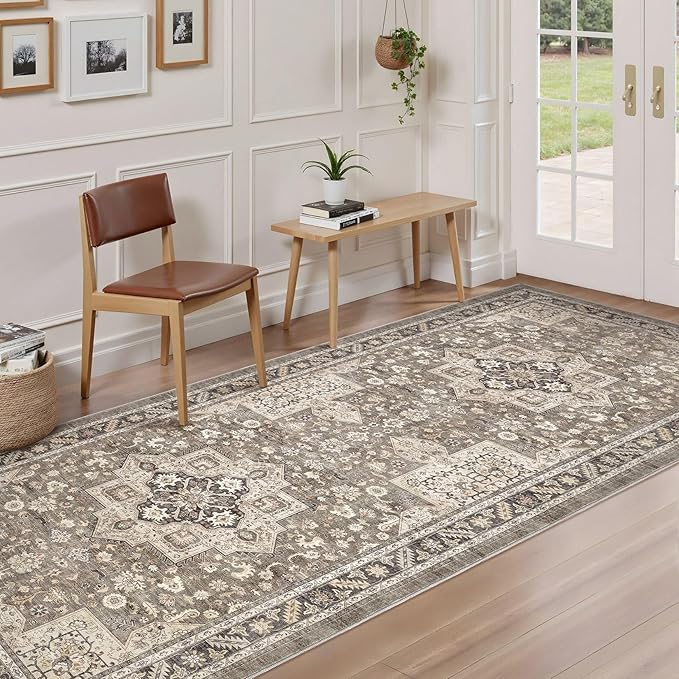 Vintage Hallway Runner Rug 3x10: Large Soft Washable Entryway for Kitchen Laundry Room Non-Slip Backing Runner for Entrance Living Room Bedroom Bathroom - Brown