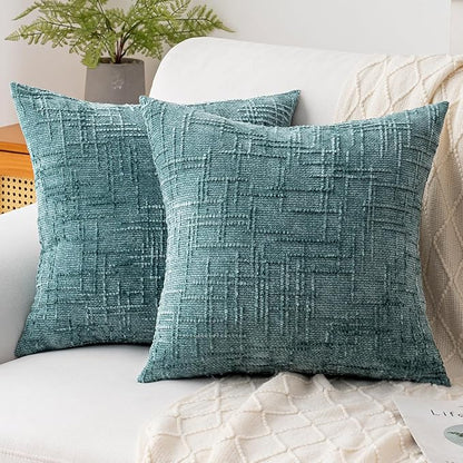 Decorative Throw Pillow Covers 16x16 Inch Set of 2, Soft Solid Farmhouse Chenille Couch Pillows, Spring Pillow Covers for Couch Sofa Bed Living Room Home Decor Pillowcase, Teal