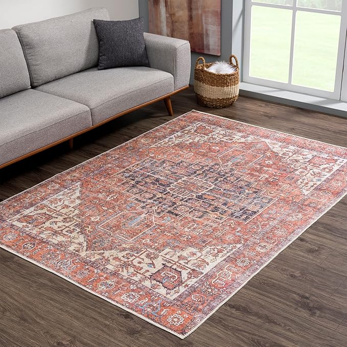 Bloom Rugs Washable 5' x 7' Rug - Red/Orange/Beige Traditional Area Rug for Living Room, Bedroom, Dining Room, and Kitchen - Exact Size: 5' x 7'