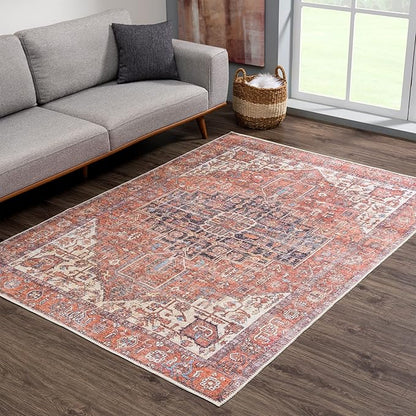 Bloom Rugs Washable 4' x 6' Rug - Red/Orange/Beige Traditional Area Rug for Living Room, Bedroom, Dining Room, and Kitchen - Exact Size: 4' x 6'