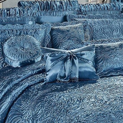 Portia Luxury Bedding | Sapphire | Quilted Polyester Satin | Hand Guided Machine Quilted Scroll Design | 11 Piece Set With King Bedspread, 2 King Shams, 2 Euro Shams, 2 Euro Pillows, 4 Pillows