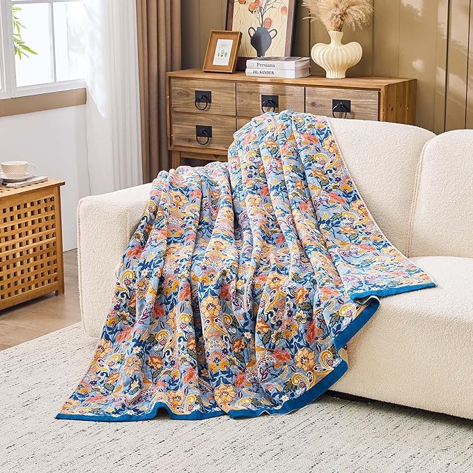 Blue Orange Fall Blanket 80"x 90" Boho Throw Blankets for Couch Bed Chair, 100% Cotton Quilts Warm Soft Blanket Muslin Bed Blankets Home Decor Farmhouse Warm Throws Gifts for Women Mom