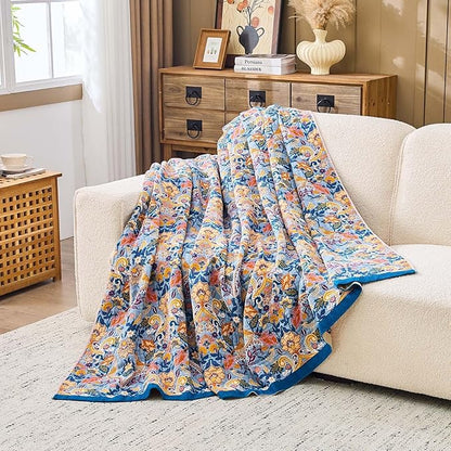 Blue Orange Fall Blanket 50"x 60" Boho Throw Blankets for Couch Bed Chair, 100% Cotton Quilts Warm Soft Blanket Muslin Bed Blankets Home Decor Farmhouse Warm Throws Gifts for Women Mom