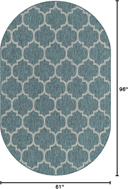 Unique Loom Outdoor Trellis Collection Area Rug (5' 1" x 8' Oval, Teal/ Gray)
