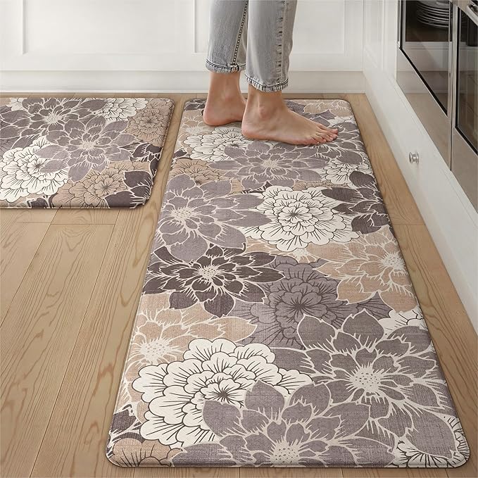 GENIMO Kitchen Mats for Floor 2PCS, Cushioned Anti Fatigue Kitchen Rugs Floral Patterns Mat 20"x32"+20"x48", CoffeeBrown