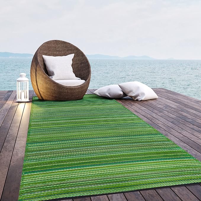 Fab Habitat Striped Outdoor Rug - Waterproof, Fade Resistant, Crease-Free, Reversible - Premium Recycled Plastic - Patio Porch Balcony Deck - Cancun Green - 8x10 ft