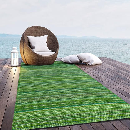 Fab Habitat Striped Outdoor Rug - Waterproof, Fade Resistant, Crease-Free, Reversible - Premium Recycled Plastic - Patio Porch Balcony Deck - Cancun Green - 8x10 ft