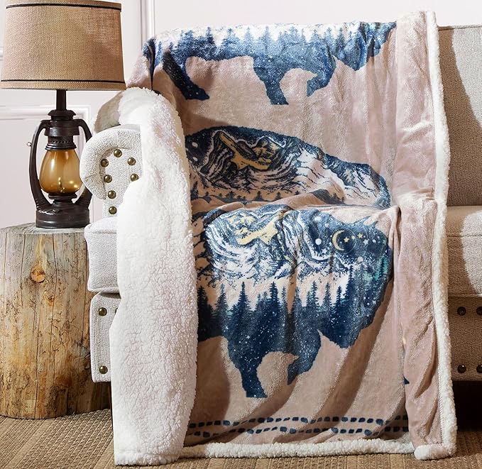 CARSTENS, INC. Ultra Premium Super Soft Plush Sherpa Fleece Oversized Throw Blanket 54" x 68", Buffalo Scene