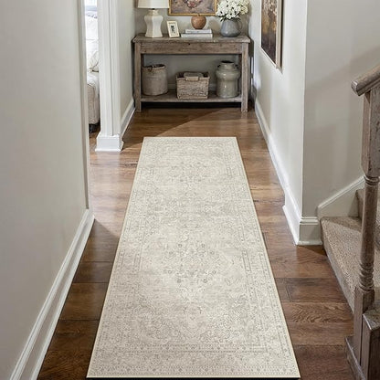 Beige 2x6 Runner Rug Washable Vintage Long Carpet for Hallway Kitchen Soft Retro Floral Low Pile Indoor Runner Non Slip Central Medallion Throw Rug for Bathroom Bedroom Laundry Dining Room