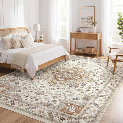 Vintage Living Room Area Rug 6x9 - Large Soft Washable Oriental Traditional Distressed Farmhouse Rugs for Bedroom - Indoor Floor Accent Carpet for Home Office House Decor - Golden Taupe