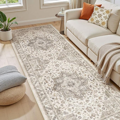 Vintage Hallway Runner Rug 3x8: Large Soft Washable Entryway for Kitchen Laundry Room Non-Slip Backing Runner for Entrance Living Room Bedroom Bathroom - Light Brown