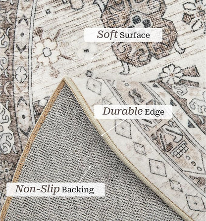 zesthome Washable Round Area Rugs - Non-Slip 6ft Round Rugs, Ultra-Thin Large Circle Rugs for Living Room, Soft Low Pile Rug for Bedroom, Kitchen, Nursery - Vintage Round Rug(Brown/Beige,6'x6')