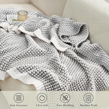 Amélie Home Waffle Chenille Throw Blanket for Couch, Pineapple Stitch Knit Soft Cozy Knit Blanket Decorative Throw for Sofa, Chair, 50"x60", Grey&Ivory