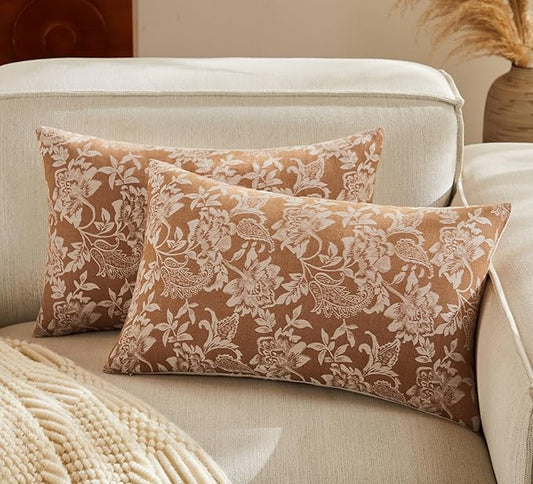 Floral Jacquard Lumbar Throw Pillow Covers Set of 2, Background/Caramal 12x20 Inch, Farmhouse Decorative Cotton Caramal Cushion Covers for Sofa Bed Living Room Home Decor