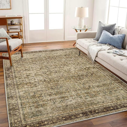 Area Rug 6x9 Washable Rug Dark Brown Vintage Traditional Distressed Thin Retro Kitchen Indoor Floor Cover Non Slip Carpet Floral Print Mat Living Room Bedroom Dining Room