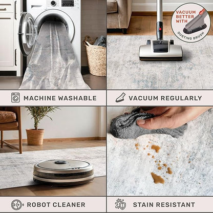 Blue Abstract Rug for Living Room - 5x8 Modern Area Rug for Home Office, Foyer, Bedroom, Low Pile & Lightweight