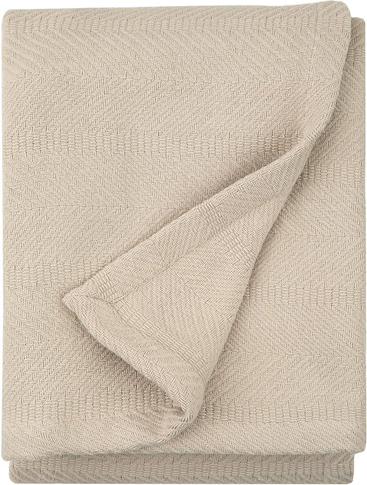 Sticky Toffee Cotton Throw Blanket, 60 x 50 Inch, Tan Beige Herringbone Weave, Soft Lightweight Woven Blanket for Couch, Boho Farmhouse Style