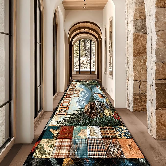 Retro Elk Runner Rug 3.3x10ft with Boat and Alpine Flowers - Bohemian Washable Rug Thick Anti-Fatigue Mat for Entryway, Geometric Art Pattern Living Room Hallway Entrance Decor