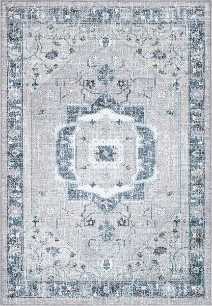 Bloom Rugs Washable Non-Slip 6' x 9' Rug - Pebble Gray/Blue Traditional Medallion Area Rug for Living Room, Bedroom, Dining Room, and Kitchen - Exact Size: 6' x 9'