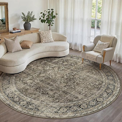 Brown Round Area Rug 8ft Washable 8x8 Circle Vintage Low Pile Indoor Large Kitchen Living Room Carpet Non Slip Traditional Distressed Retro Accent Throw Rug Office Dining Room