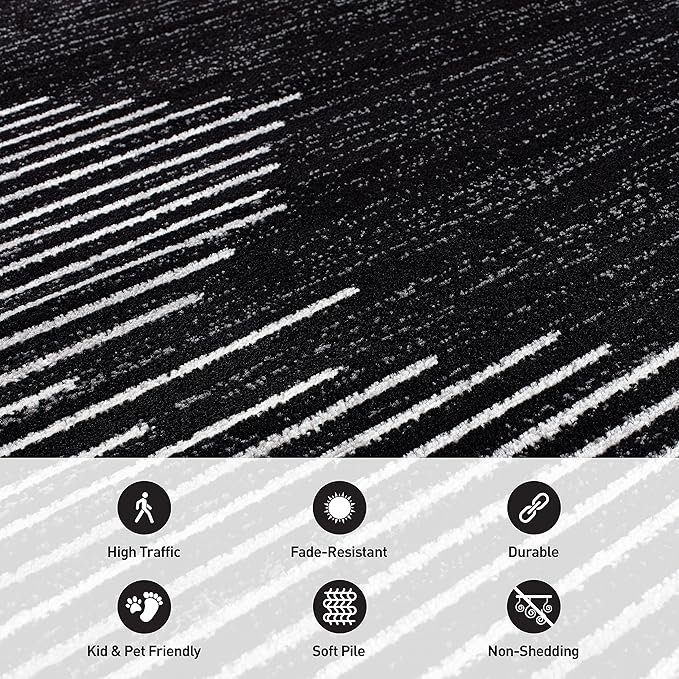 Rugshop Bohemian Stripe Stain Resistant Carpet High Traffic for Hallway Entryway Living Room Kitchen Bedroom Laundry Runner Rug 2' x 7' Black