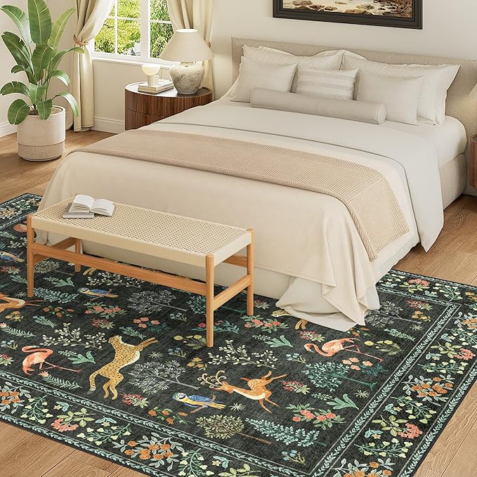 DUKINO 8x10 Rug, Washable Animal Living Room Rug with Non Slip Vintage Design, Soft Low Pile Large Carpet for Bedroom, Nursery, Dining Room, Farmhouse, Playroom, Black