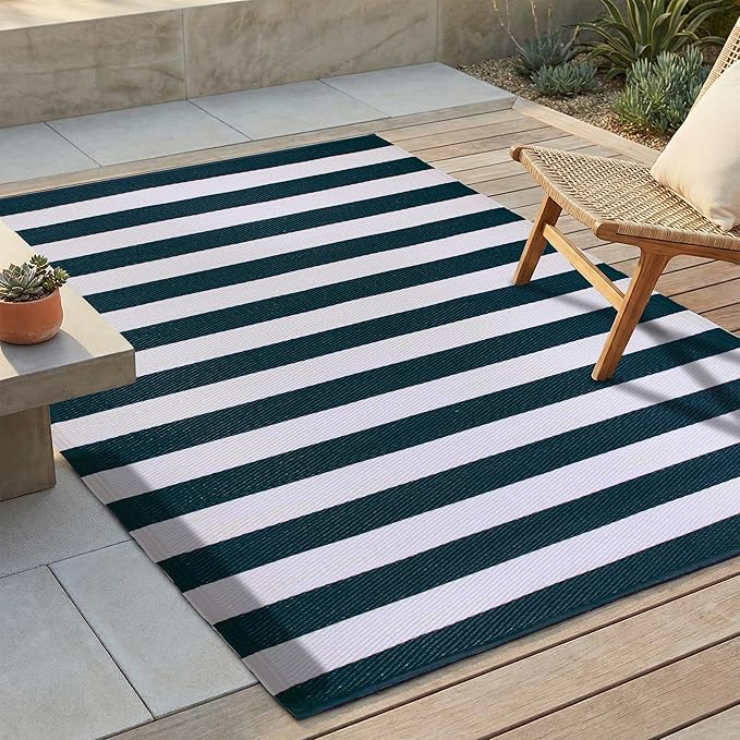 FH Home Outdoor Rug - Waterproof, Fade Resistant, Reversible - Premium Recycled Plastic - Striped - Large Patio, Deck, Sunroom, Camping, RV - Brittany Stripe - Blue & White Crease Free - 6 x 9 ft