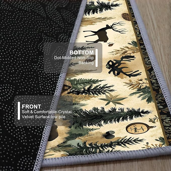 Brown Bohemian Bear Runner Rug 2x7ft with Elk Cabin Pinecone - Foldable Vintage Floor Mat for Farmhouse Decor, Thick Non-Skid Rug Indoor Outdoor Use, Forest Lawn Pattern