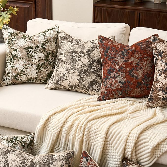 Yangest Neutral Floral Pillow Cover 20 x 20 Inches, Vintage Chenille Square Throw Pillow Cover Soft Decorative Farmhouse Accent Couch Pillow Cover for Living Room Bedroom, Grey