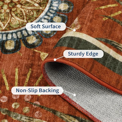 GarveeHome 4x6 Floral Washable Area Rug: Large Living Room Area Rug with Non-Slip Backing Washable Ultra Soft Bedroom Floral Carpet Indoor Stain Resistant Carpet for Dining Room 4 * 6 ft Brick Red