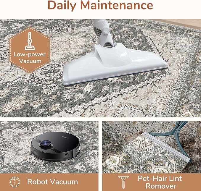 OPPODREAM Thin Area Rugs 5x7, 5x7 Washable Rug with Non Slip Backing, 5 x 7 Faux Cashmere Low-Pile Carpet, Greenish Grey