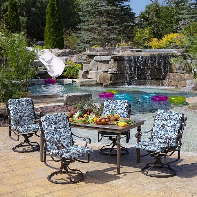 Arden Outdoor Midback Chair Cushion, 18 x 16.5, Rain-Proof, Fade Resistant Blue Garden Floral