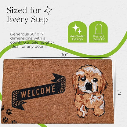 Coir Door Mats 17" X 30", Non-Slip Sturdy, PVC Backed Heavy Duty, Easy to Clean, Ideal for Door Entrance, Patio, Porch, Backyard, Garages, Cute Little Puppy Welcome