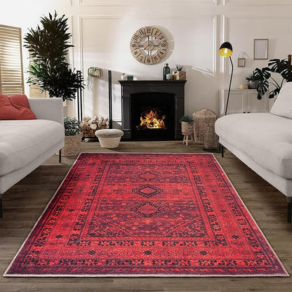Bloom Rugs Washable Non-Slip 3' x 5' Rug - Red Traditional Bordered Area Rug for Living Room, Bedroom, Dining Room, and Kitchen - Exact Size: 3' x 5'