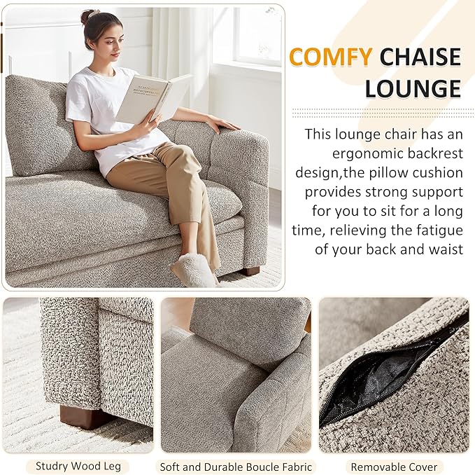 VANOMi Oversized 70.47'' Chaise Lounge Chair Indoor with Storage Space, Modern Upholstered Sofa Bed with Thick Cushion and Left Armrest, Boucle Leisure Recliner for Living Room, Bedroom, Office, Camel