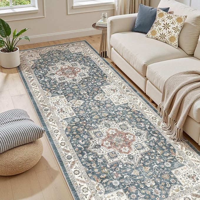Vintage Hallway Runner Rug 3x8: Large Soft Washable Entryway for Kitchen Laundry Room Non-Slip Backing Runner for Entrance Living Room Bedroom Bathroom - Vintage Blue