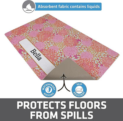 Drymate Personalized Pet Bowl Placemat, Custom Dog & Cat Food Feeding Mat - Absorbent Fabric, Waterproof Backing - Machine Washable/Durable (USA Made) (12" x 20") (Rejuvenation Pink Flowers)