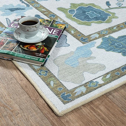 Fame Living Green Oushak Rug, Modern, Vintage, Turkish, Eclectic, Floral, Pastel, Washable, Extra Large Area Rugs for Living Room, Dining, Bedroom, Lounge, 9'x12'