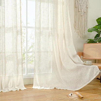 LAMIT Ivory 90 Inches Long Linen Sheer Curtains for Living Room, Back Tab and Rod Pocket Nautral Curtains Light Filtering Boho Panels for Bedroom/Dining Room, Set of 2, 52 x 90 Inch